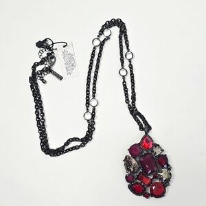 WHBM Gunmetal & Deep Red Oxblood Cranberry &‎ Clear Crystal Pendant Necklace